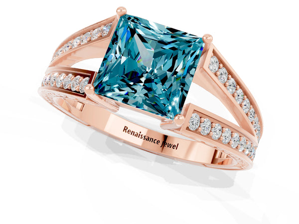 Rose gold Princess Cut Blue Topaz Split Shank Ring with Pavé Band and Four-Prong Setting