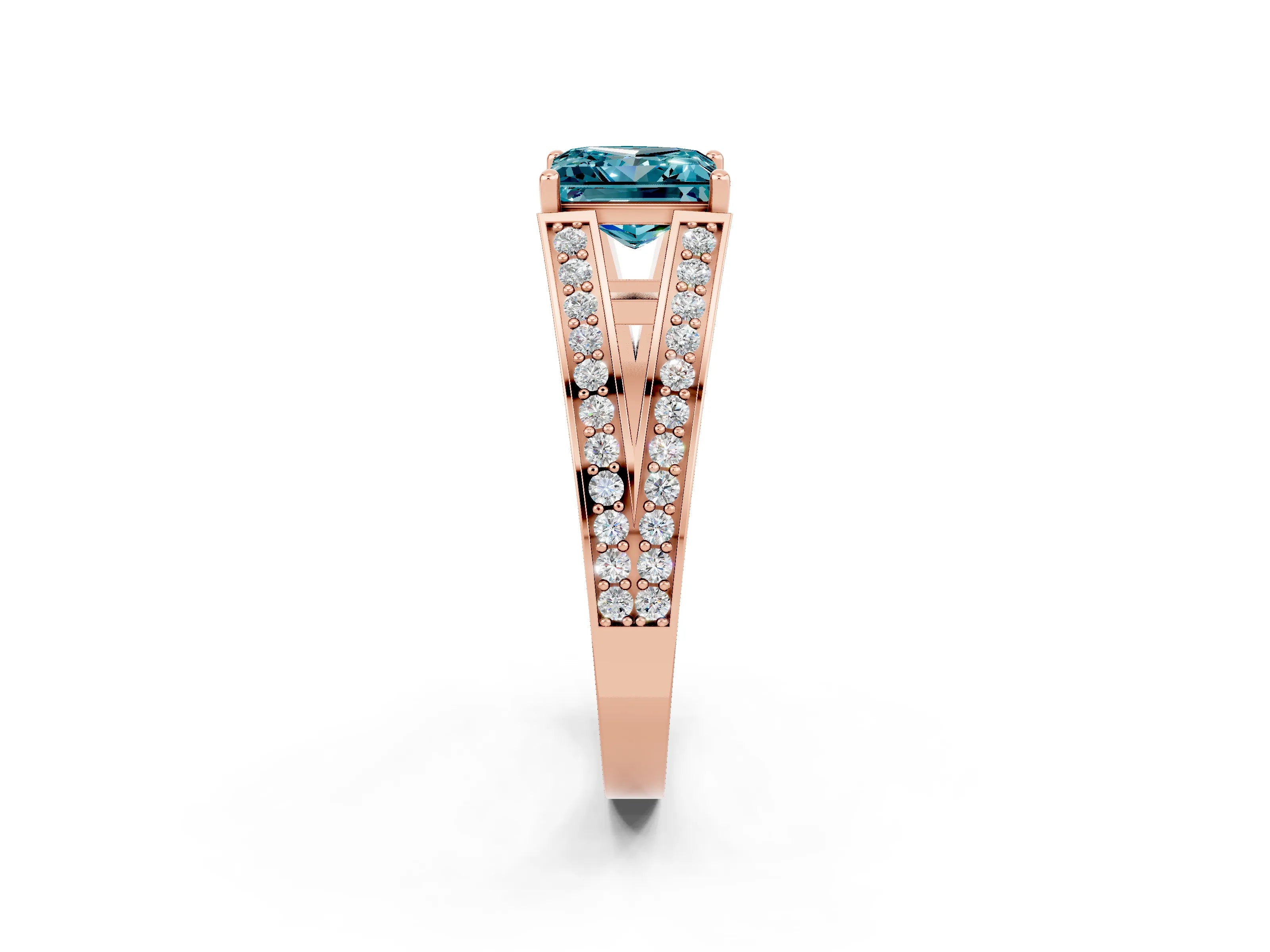 Rose gold Princess Cut Blue Topaz Split Shank Ring with Pavé Band and Four-Prong Setting_2
