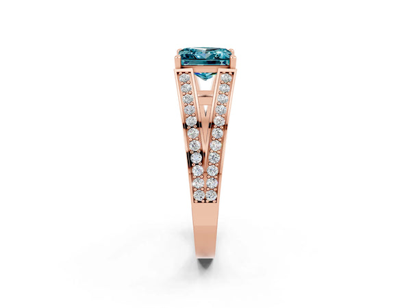 Rose gold Princess Cut Blue Topaz Split Shank Ring with Pavé Band and Four-Prong Setting