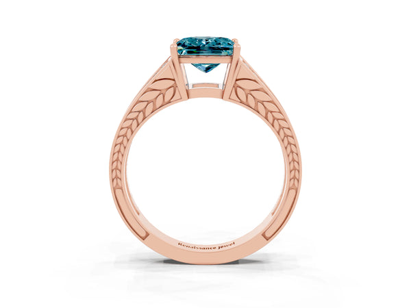 Rose gold Princess Cut Blue Topaz Split Shank Ring with Pavé Band and Four-Prong Setting