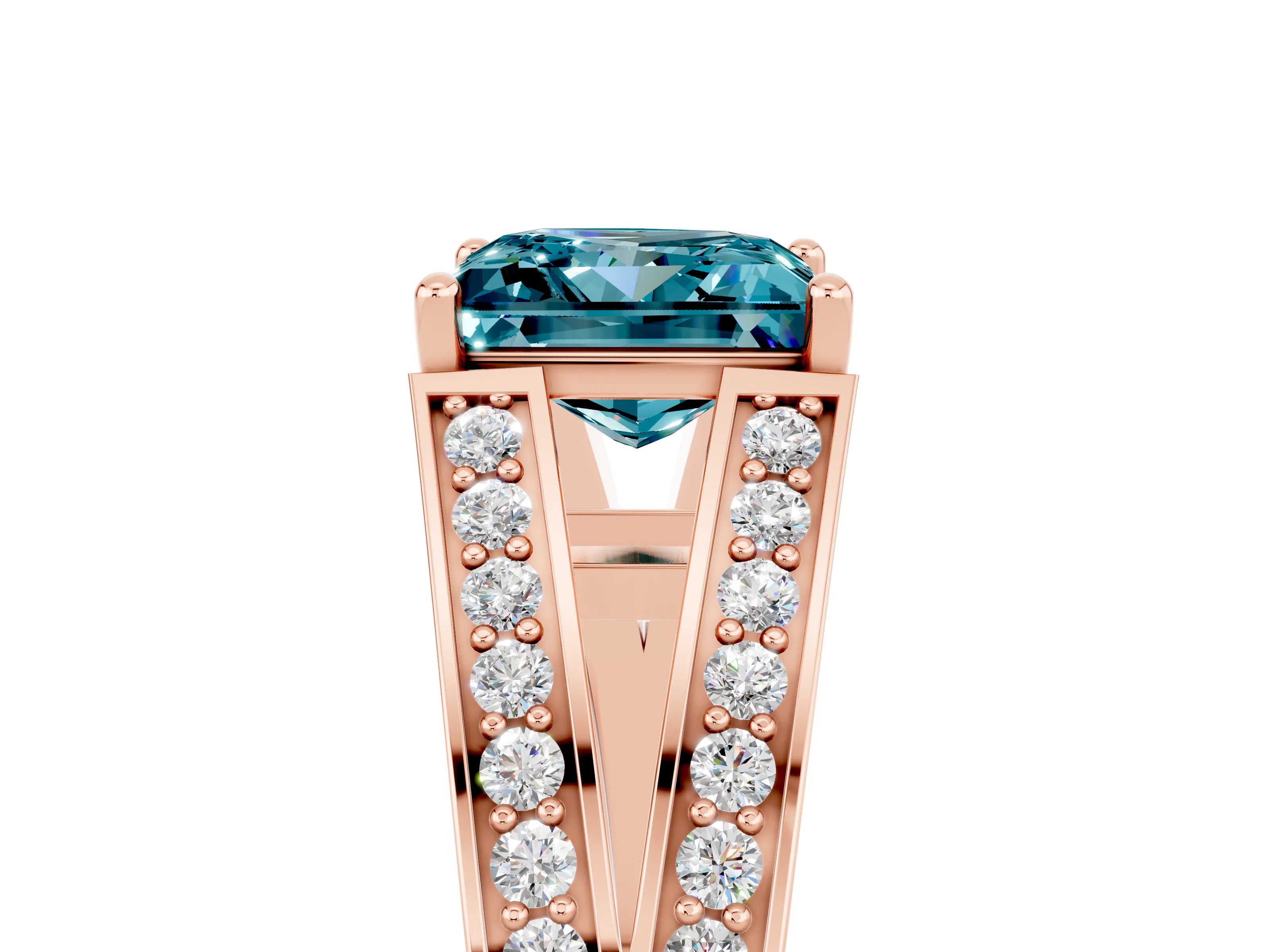 Rose gold Princess Cut Blue Topaz Split Shank Ring with Pavé Band and Four-Prong Setting_5