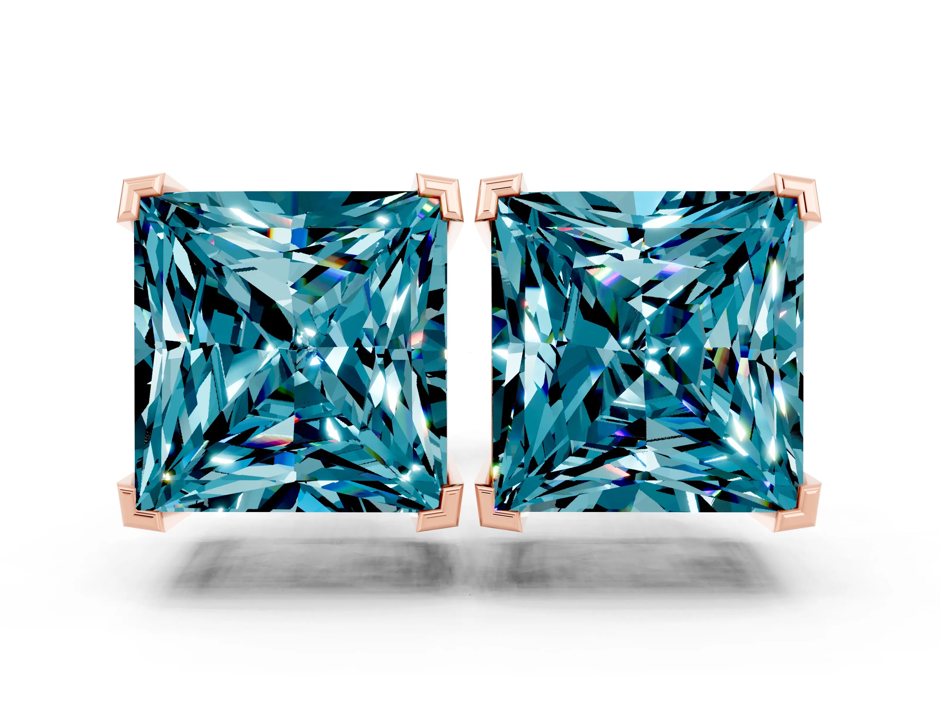 Rose gold Princess Cut Blue Topaz Stud Earrings_18