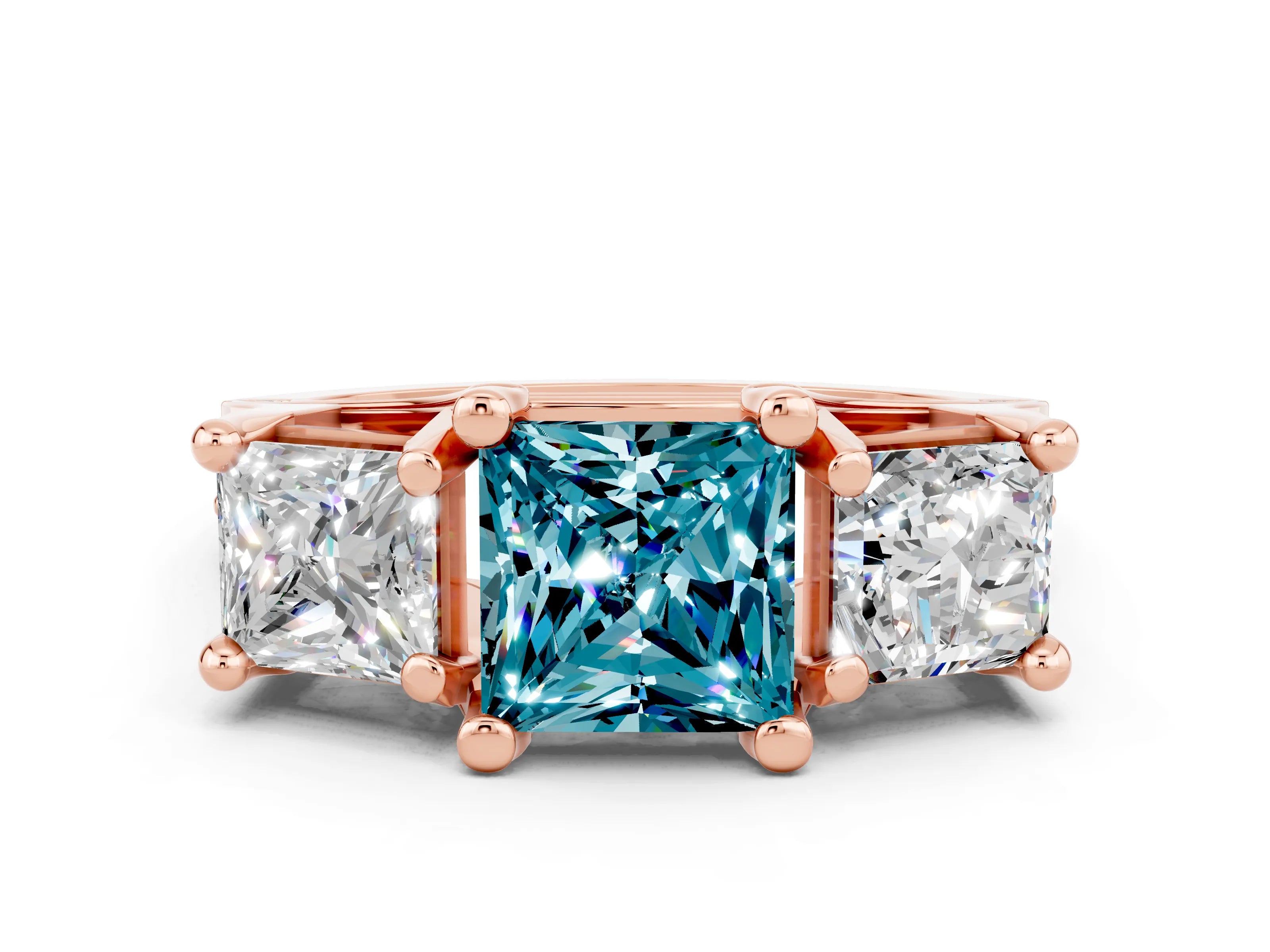 Rose gold Princess Cut Blue Topaz Three-Stone Ring with Channel Set Band and Four-Prong Setting