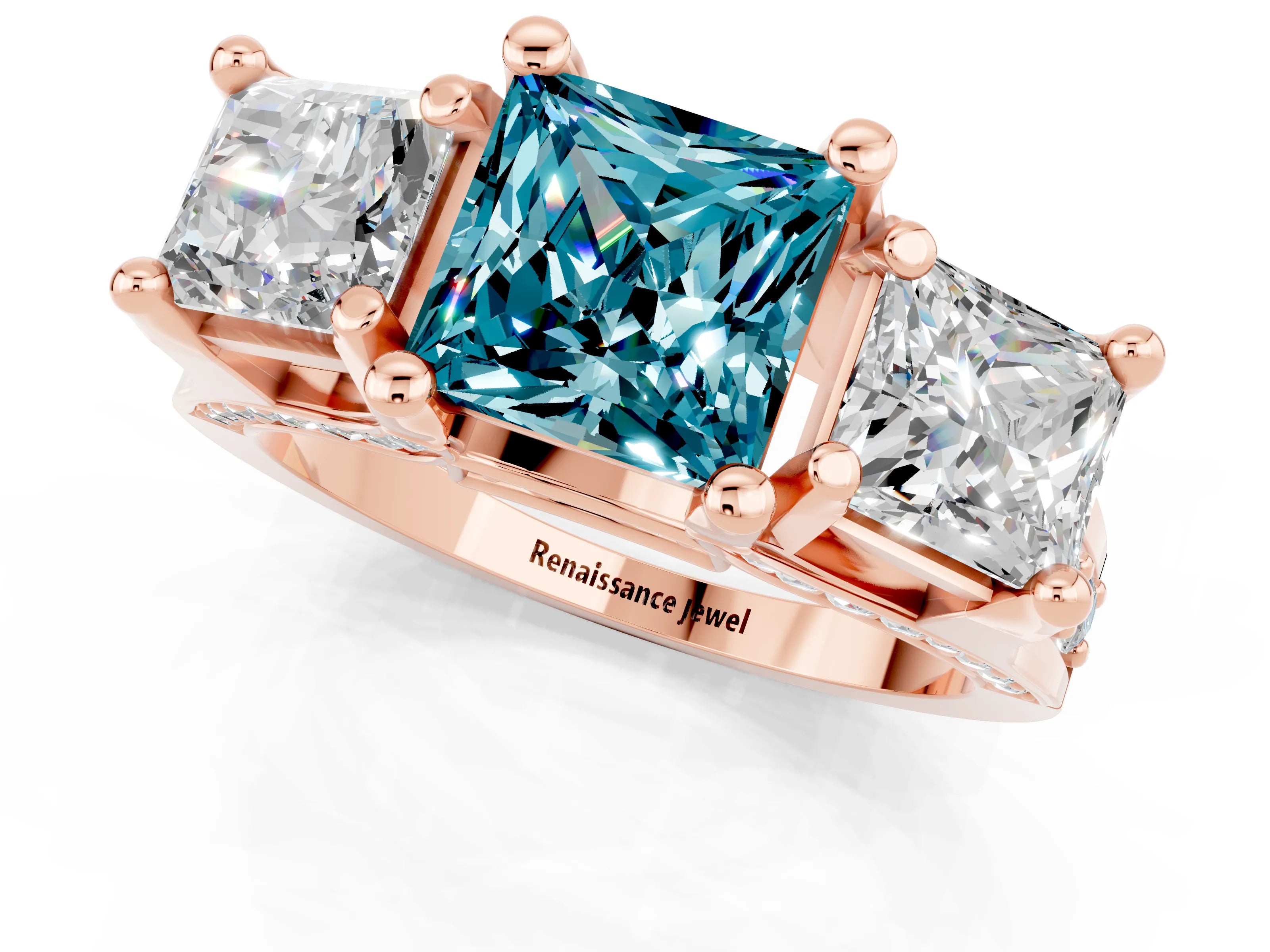 Rose gold Princess Cut Blue Topaz Three-Stone Ring with Channel Set Band and Four-Prong Setting_1