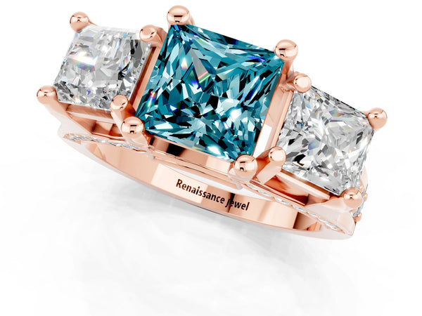 Rose gold Princess Cut Blue Topaz Three-Stone Ring with Channel Set Band and Four-Prong Setting