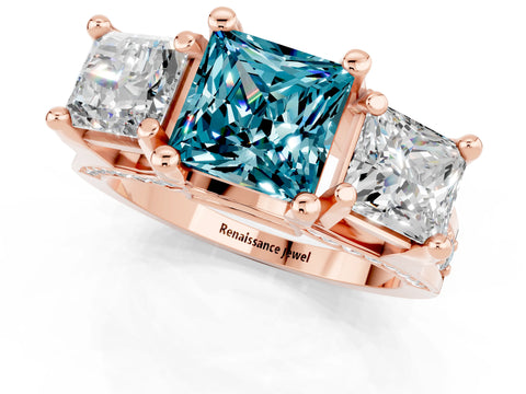 Rose gold Princess Cut Blue Topaz Three-Stone Ring with Channel Set Band and Four-Prong Setting_1