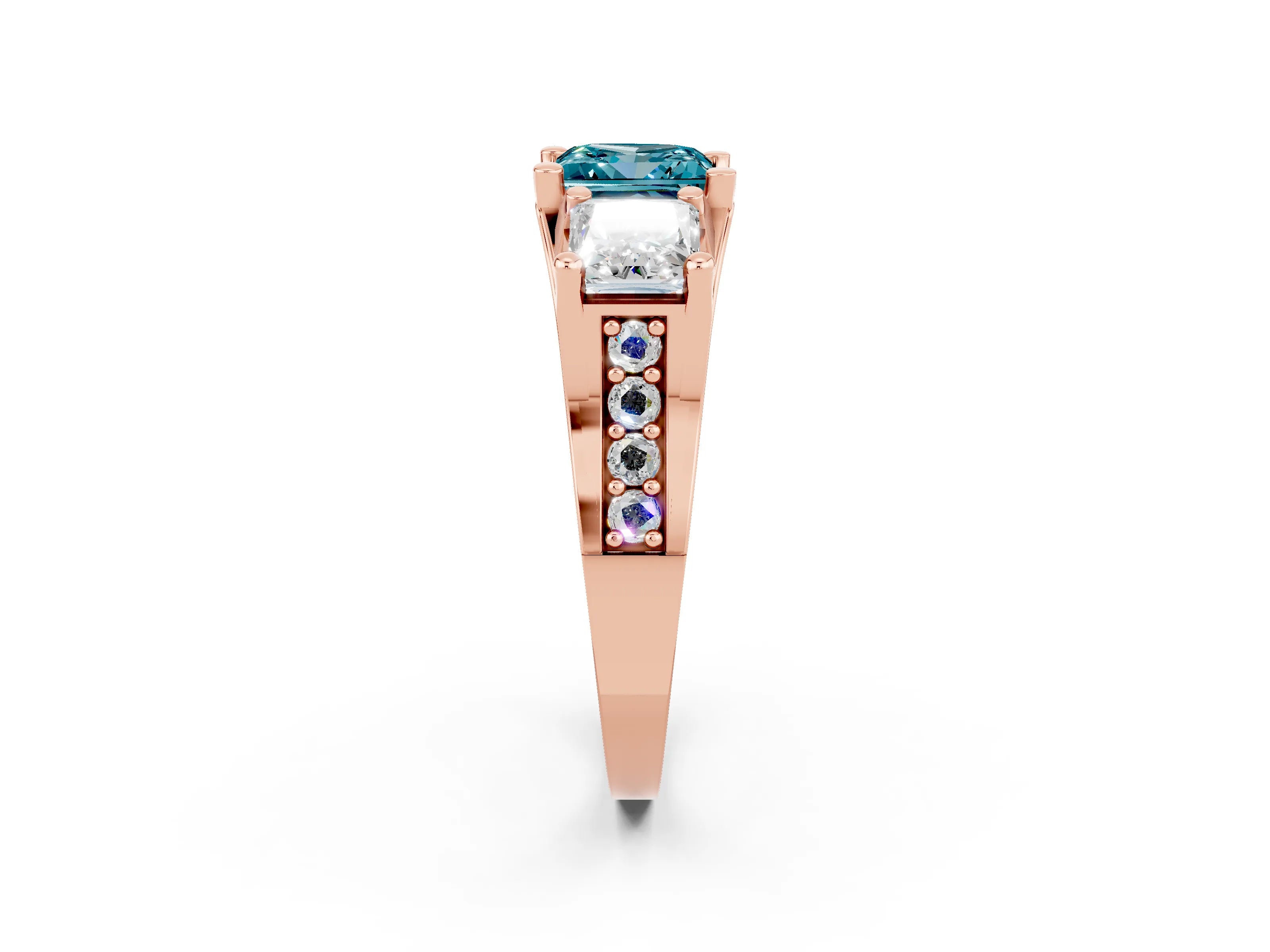 Rose gold Princess Cut Blue Topaz Three-Stone Ring with Channel Set Band and Four-Prong Setting_2