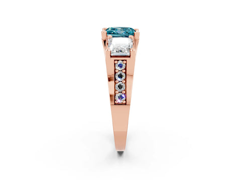 Rose gold Princess Cut Blue Topaz Three-Stone Ring with Channel Set Band and Four-Prong Setting_2
