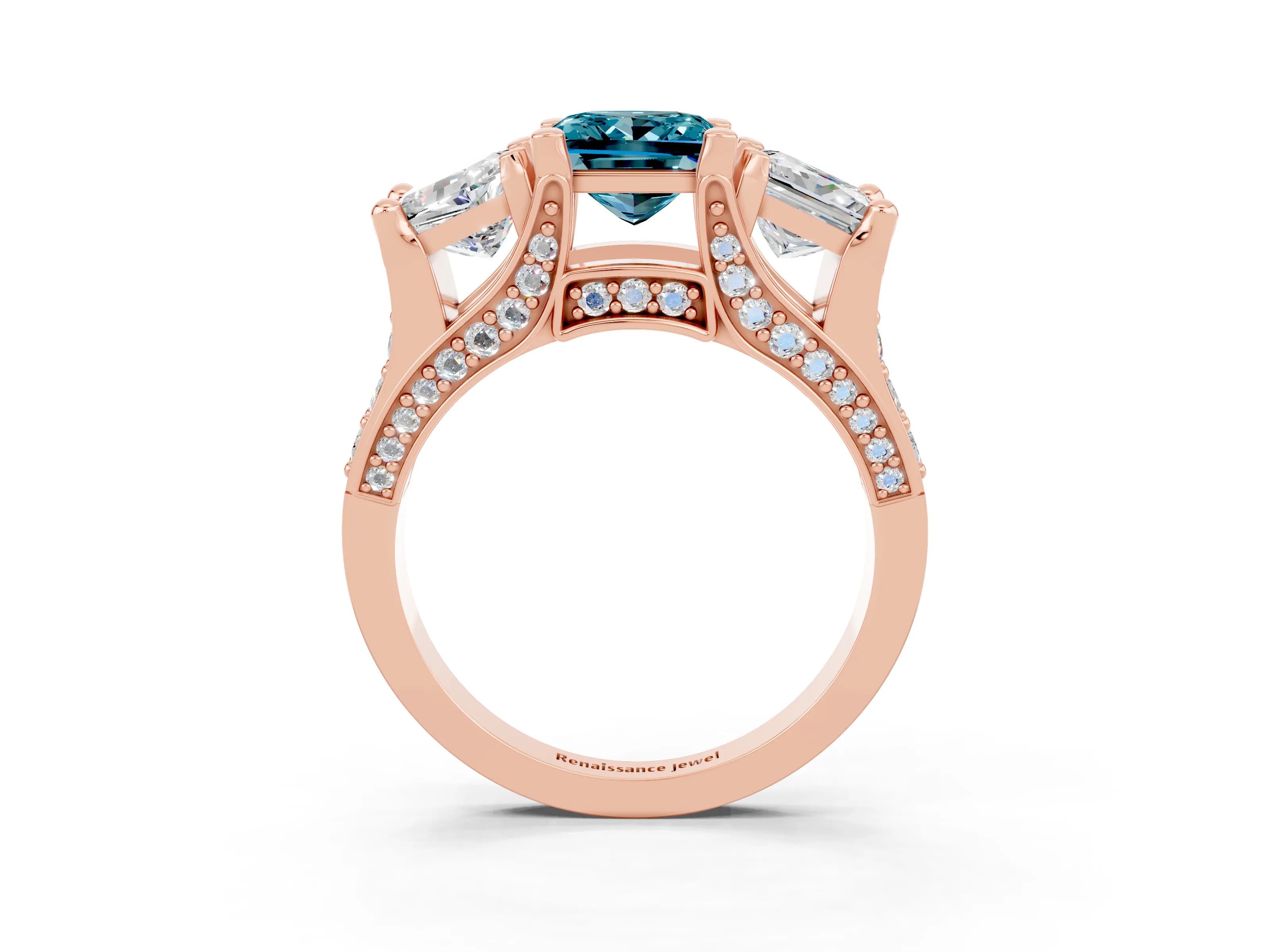 Rose gold Princess Cut Blue Topaz Three-Stone Ring with Channel Set Band and Four-Prong Setting_3