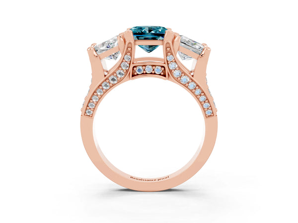 Rose gold Princess Cut Blue Topaz Three-Stone Ring with Channel Set Band and Four-Prong Setting