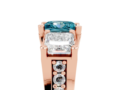 Rose gold Princess Cut Blue Topaz Three-Stone Ring with Channel Set Band and Four-Prong Setting_5