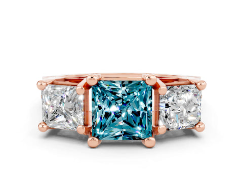 Rose gold Princess Cut Blue Topaz Three-Stone Ring with Channel Set Band and Four-Prong Setting