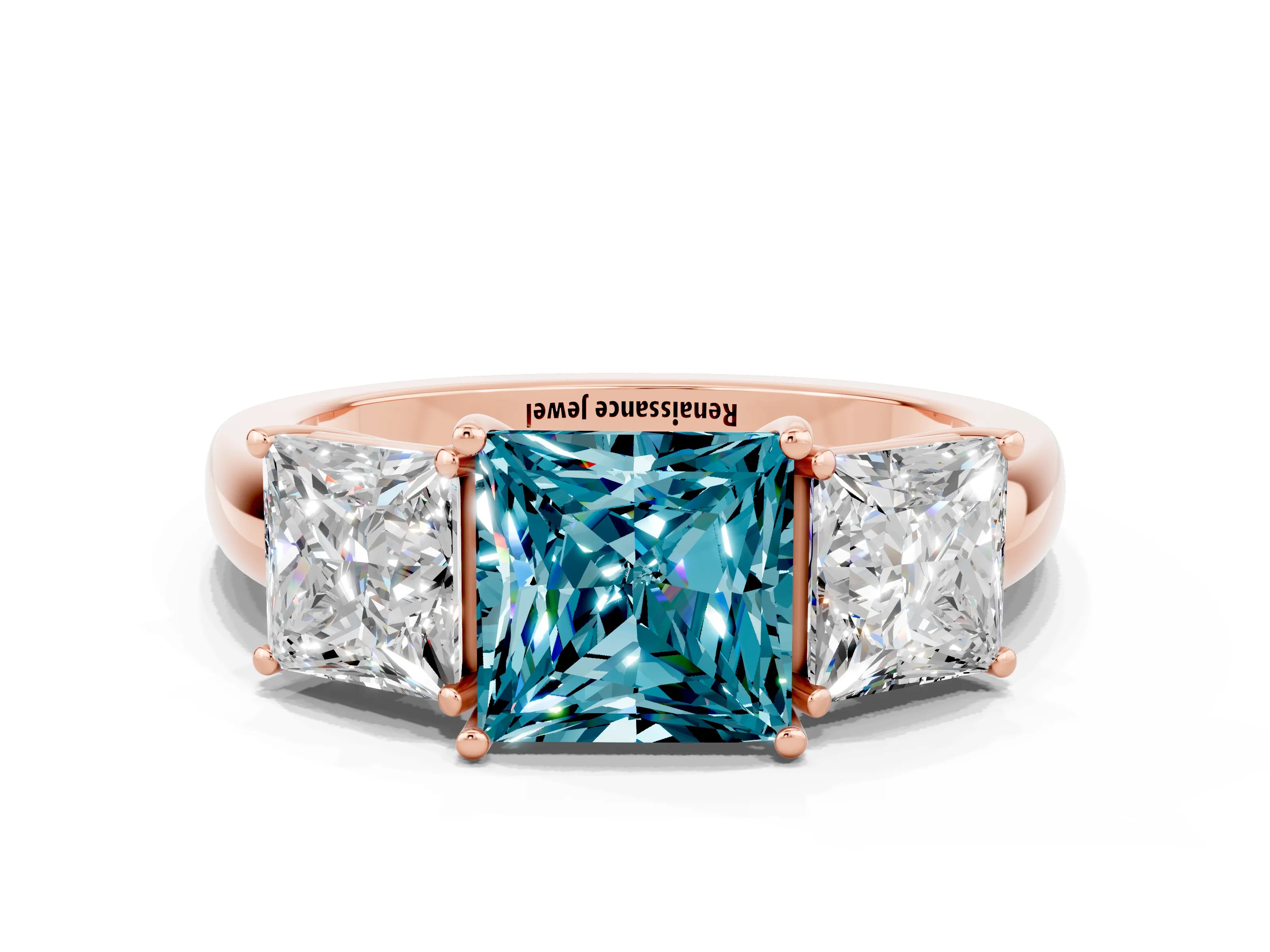 Rose gold Princess Cut Blue Topaz Three-Stone Ring with Four-Prong Setting and Classic Band
