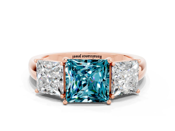 Rose gold Princess Cut Blue Topaz Three-Stone Ring with Four-Prong Setting and Classic Band