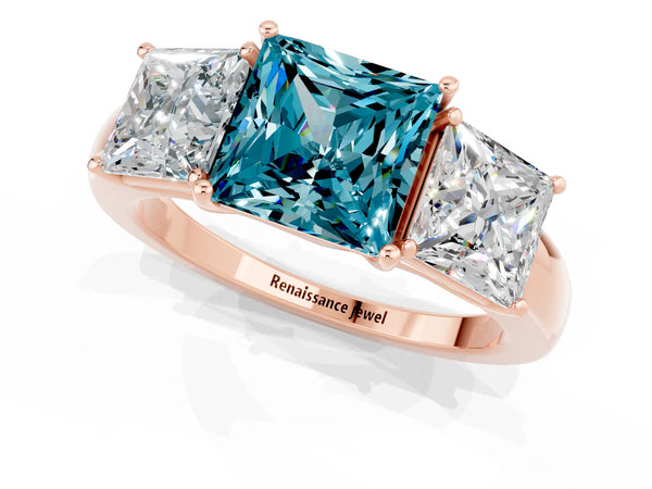 Rose gold Princess Cut Blue Topaz Three-Stone Ring with Four-Prong Setting and Classic Band