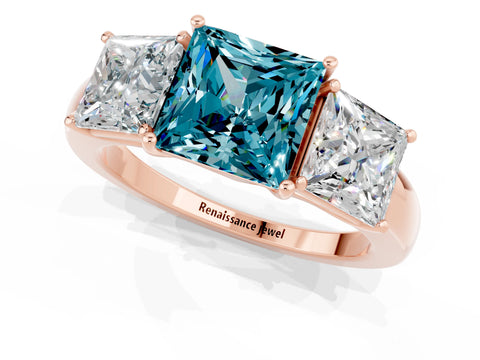 Rose gold Princess Cut Blue Topaz Three-Stone Ring with Four-Prong Setting and Classic Band_1