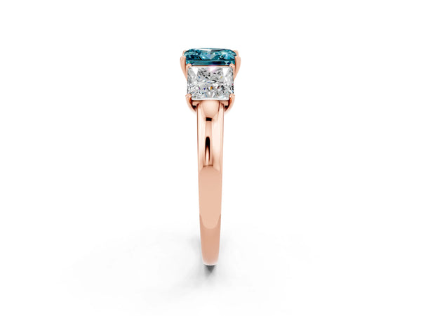 Rose gold Princess Cut Blue Topaz Three-Stone Ring with Four-Prong Setting and Classic Band