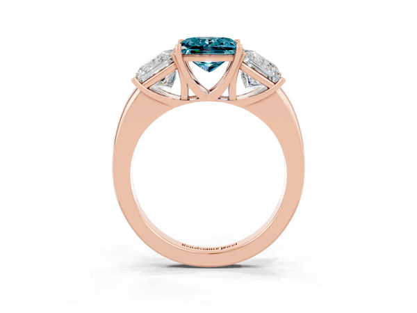 Rose gold Princess Cut Blue Topaz Three-Stone Ring with Four-Prong Setting and Classic Band