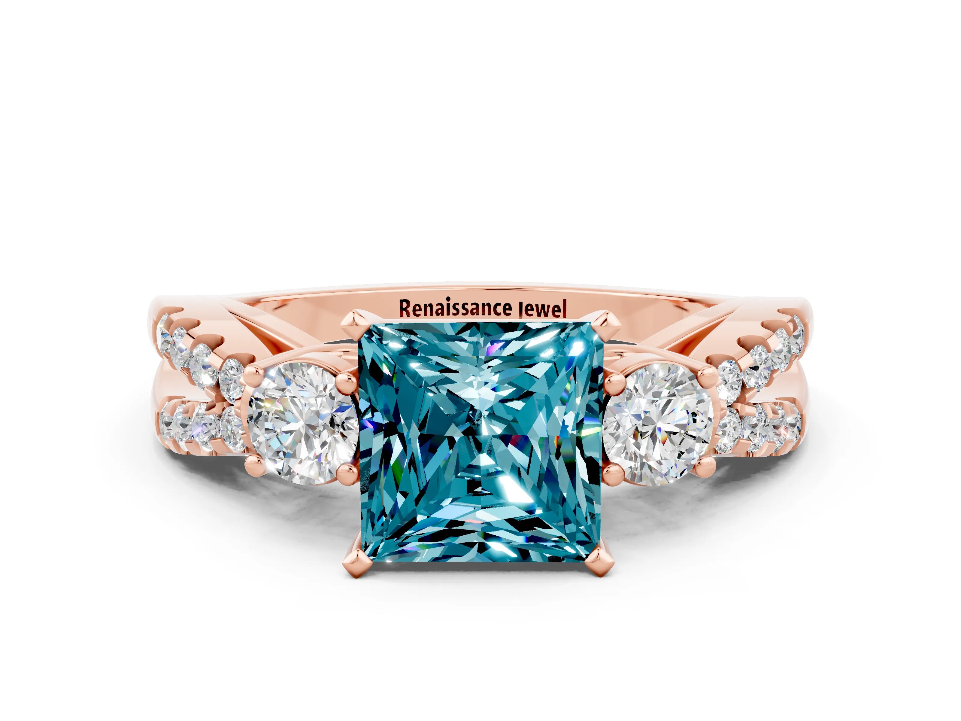 Rose gold Princess Cut Blue Topaz Three-Stone Ring with Pavé Split Shank and Four-Prong Setting