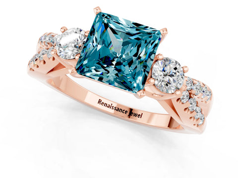 Rose gold Princess Cut Blue Topaz Three-Stone Ring with Pavé Split Shank and Four-Prong Setting_1