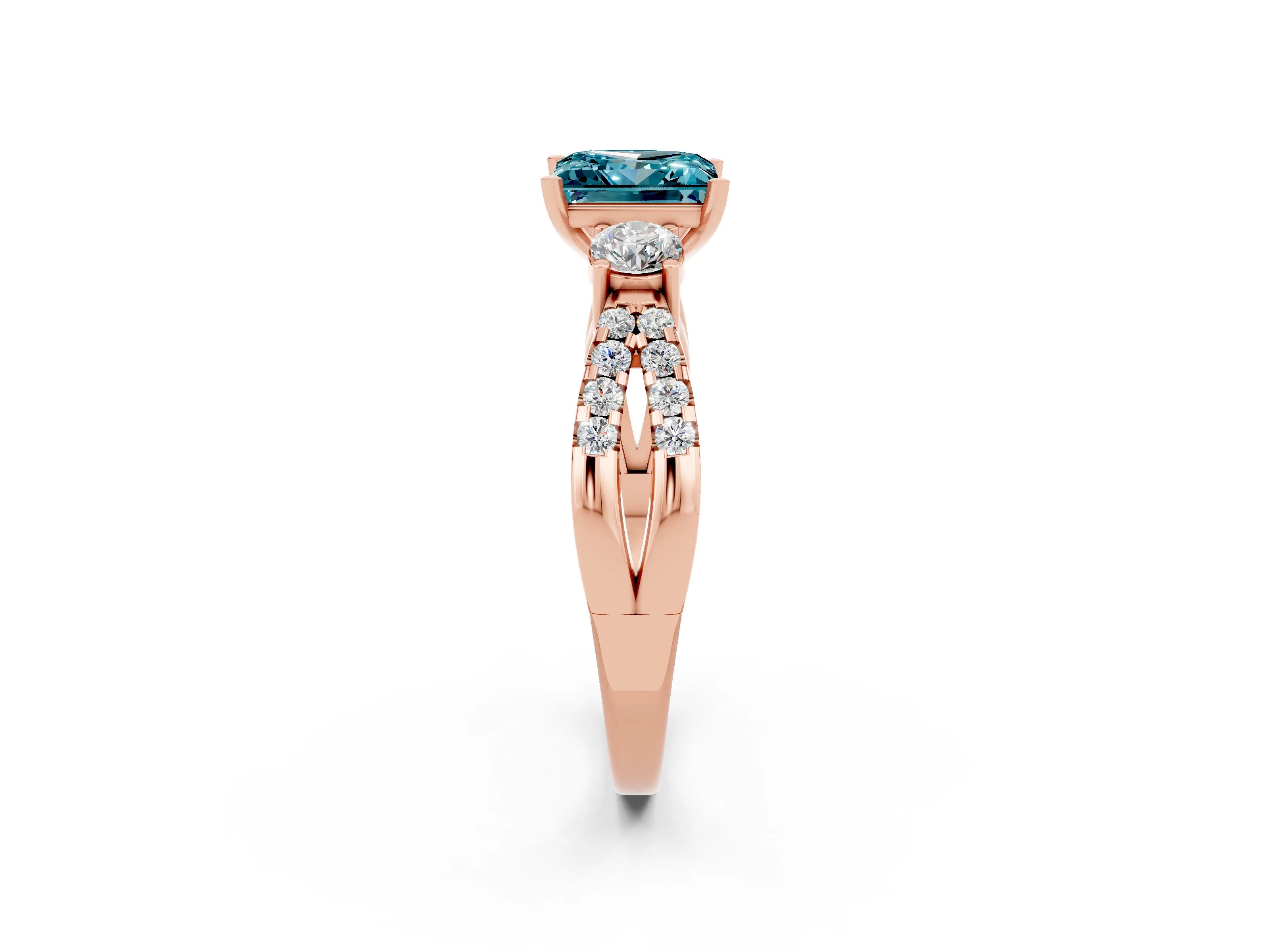 Rose gold Princess Cut Blue Topaz Three-Stone Ring with Pavé Split Shank and Four-Prong Setting_2
