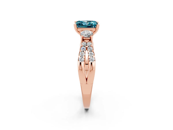 Rose gold Princess Cut Blue Topaz Three-Stone Ring with Pavé Split Shank and Four-Prong Setting