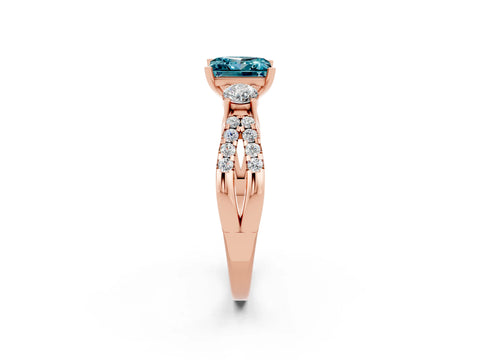 Rose gold Princess Cut Blue Topaz Three-Stone Ring with Pavé Split Shank and Four-Prong Setting_2