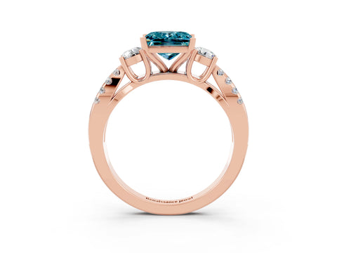 Rose gold Princess Cut Blue Topaz Three-Stone Ring with Pavé Split Shank and Four-Prong Setting_3