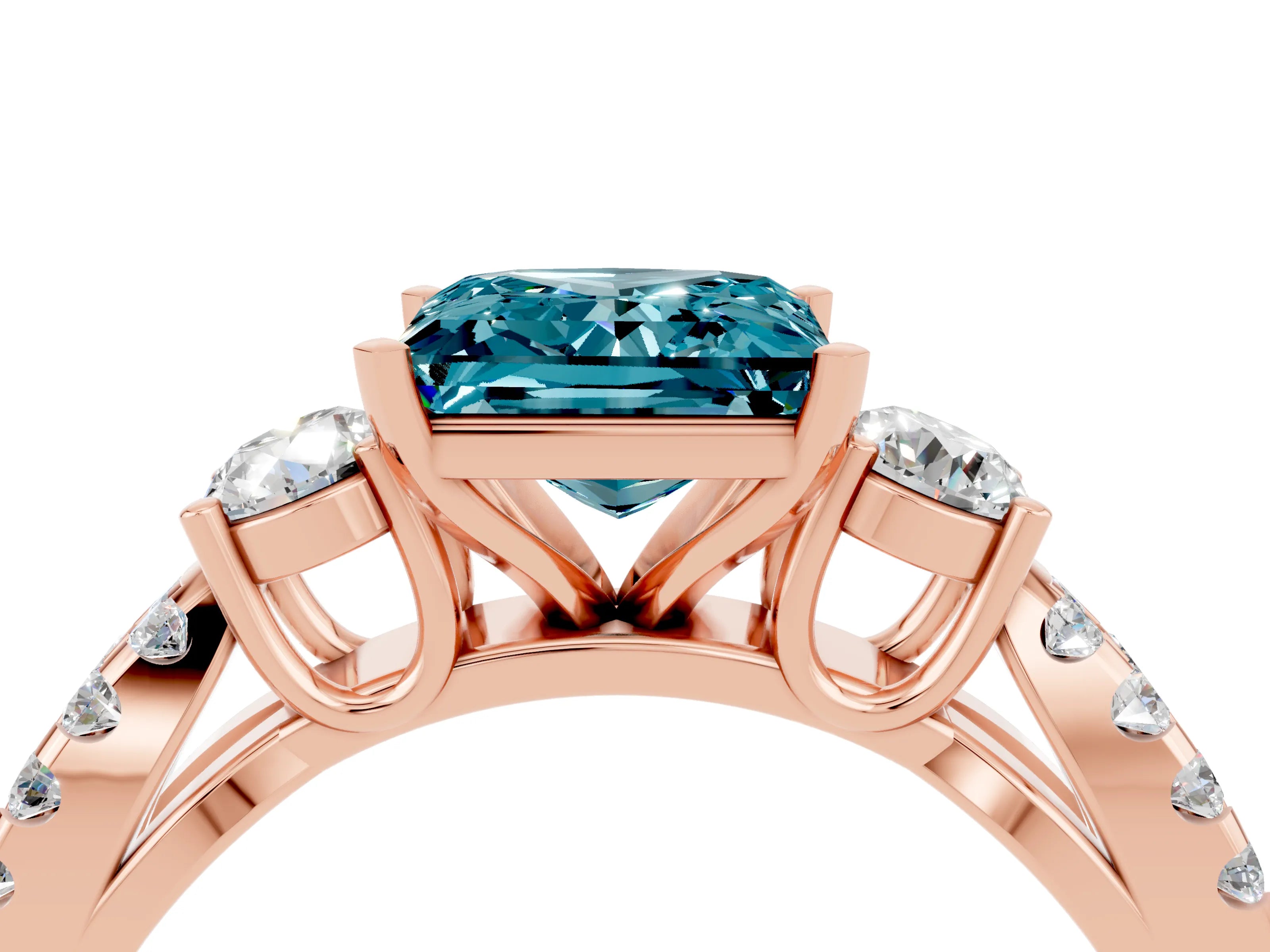 Rose gold Princess Cut Blue Topaz Three-Stone Ring with Pavé Split Shank and Four-Prong Setting_4