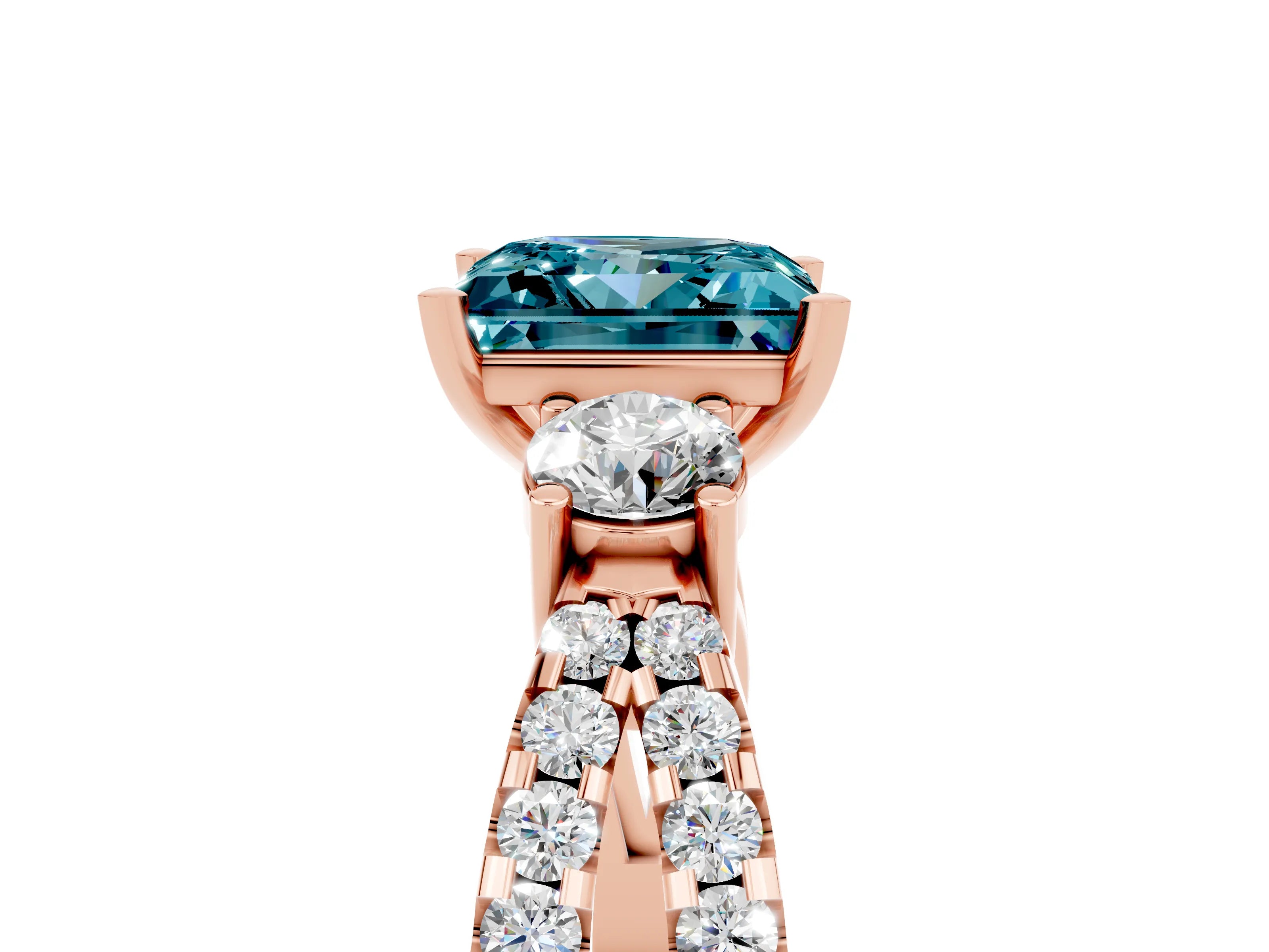 Rose gold Princess Cut Blue Topaz Three-Stone Ring with Pavé Split Shank and Four-Prong Setting_5
