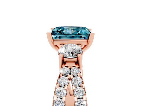 Rose gold Princess Cut Blue Topaz Three-Stone Ring with Pavé Split Shank and Four-Prong Setting_5