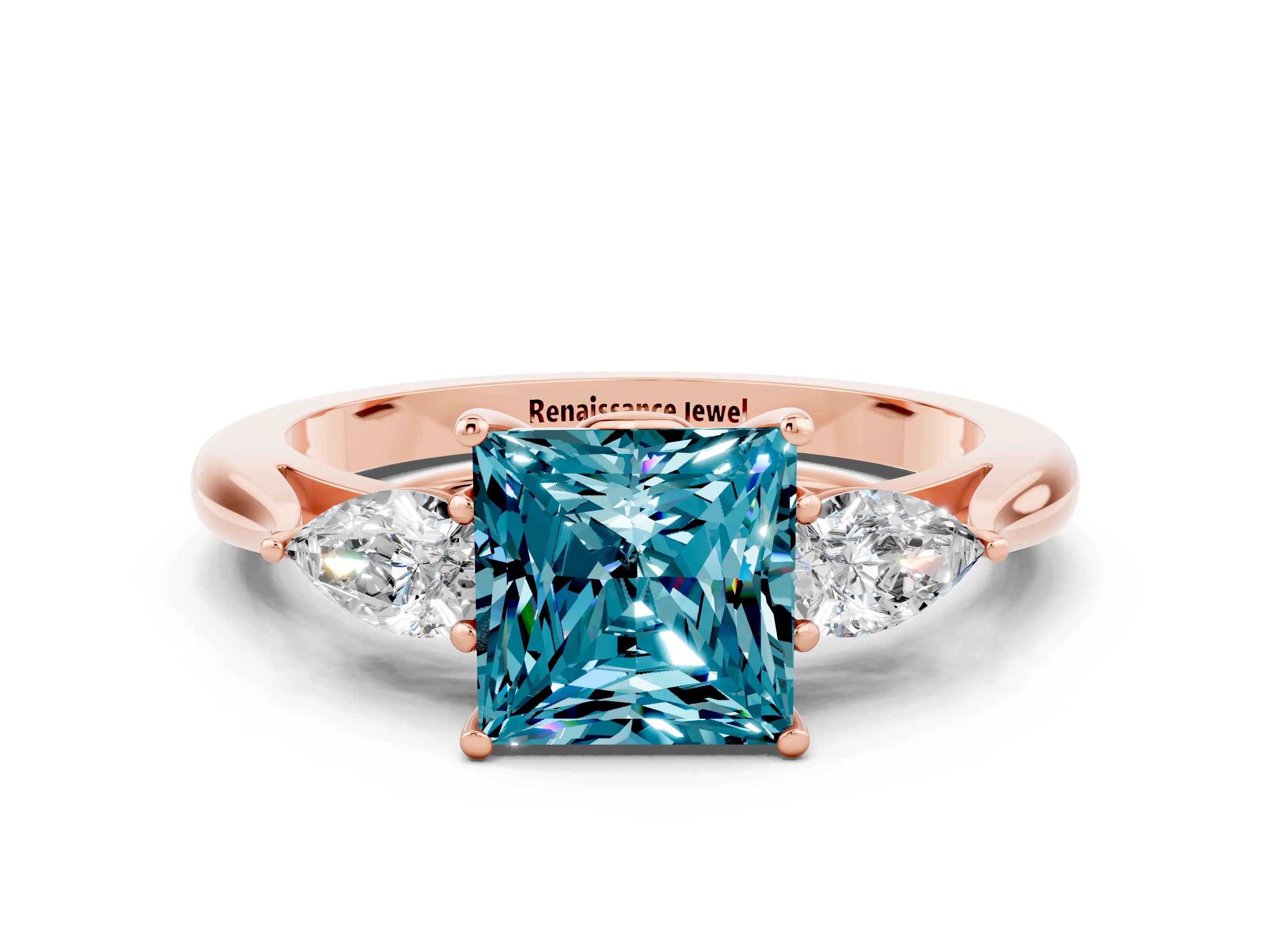 Rose gold Princess Cut Blue Topaz Three-Stone Ring with Pear Side Stones and Four-Prong Setting_12