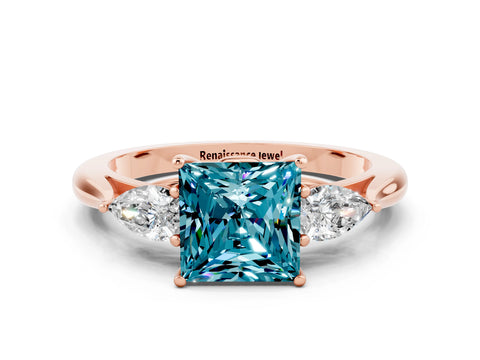 Rose gold Princess Cut Blue Topaz Three-Stone Ring with Pear Side Stones and Four-Prong Setting_12
