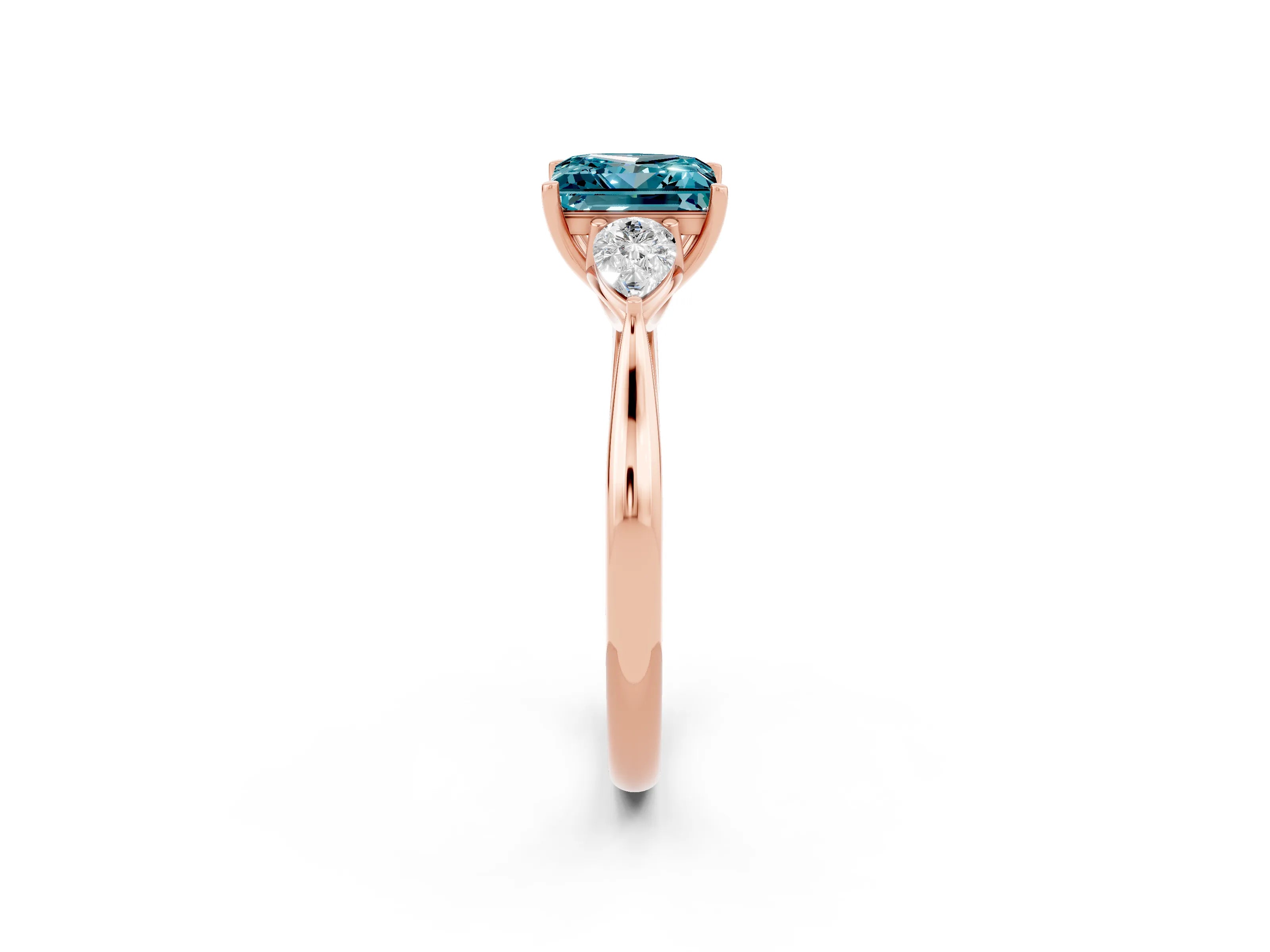 Rose gold Princess Cut Blue Topaz Three-Stone Ring with Pear Side Stones and Four-Prong Setting_14