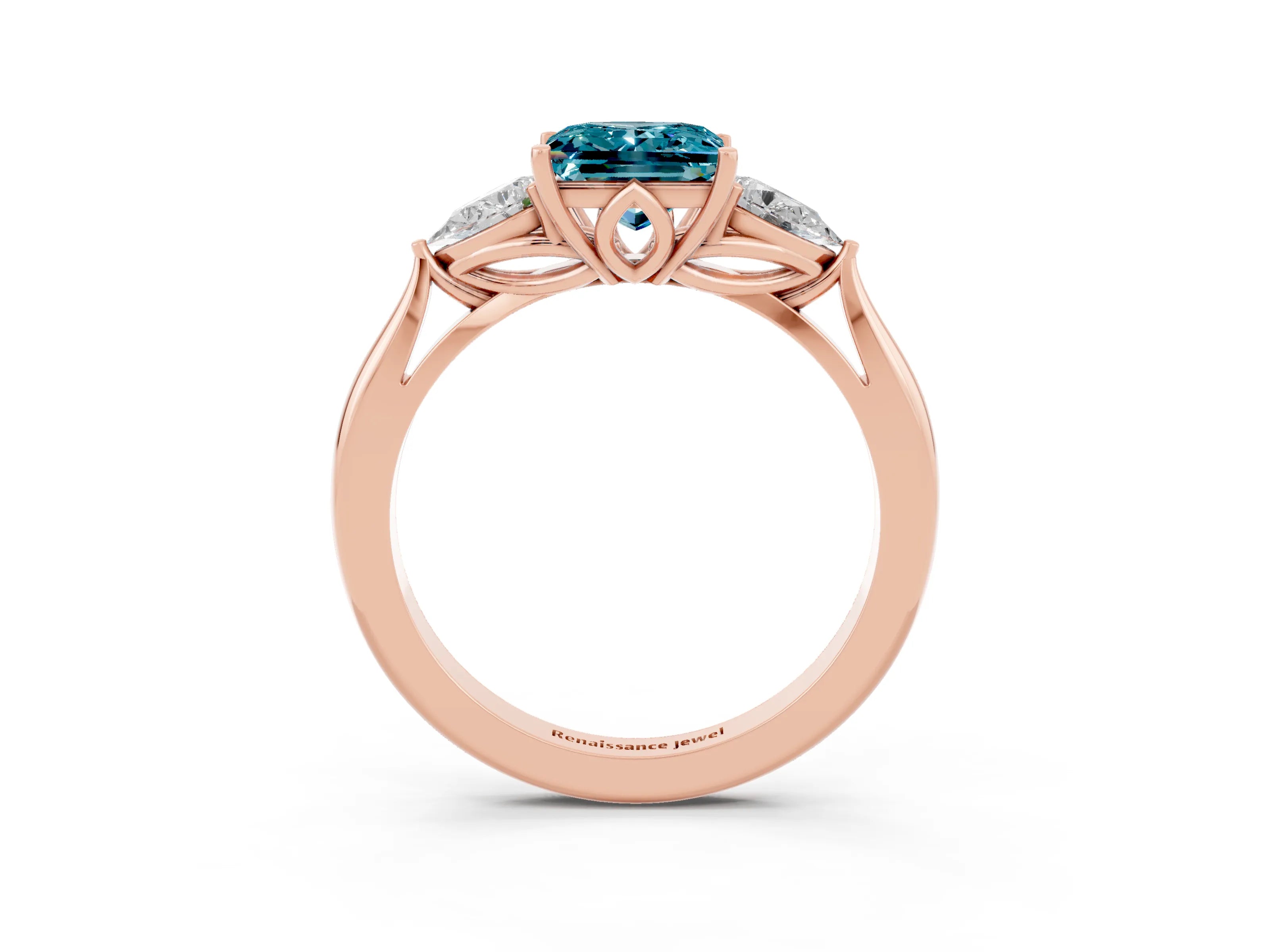 Rose gold Princess Cut Blue Topaz Three-Stone Ring with Pear Side Stones and Four-Prong Setting_15