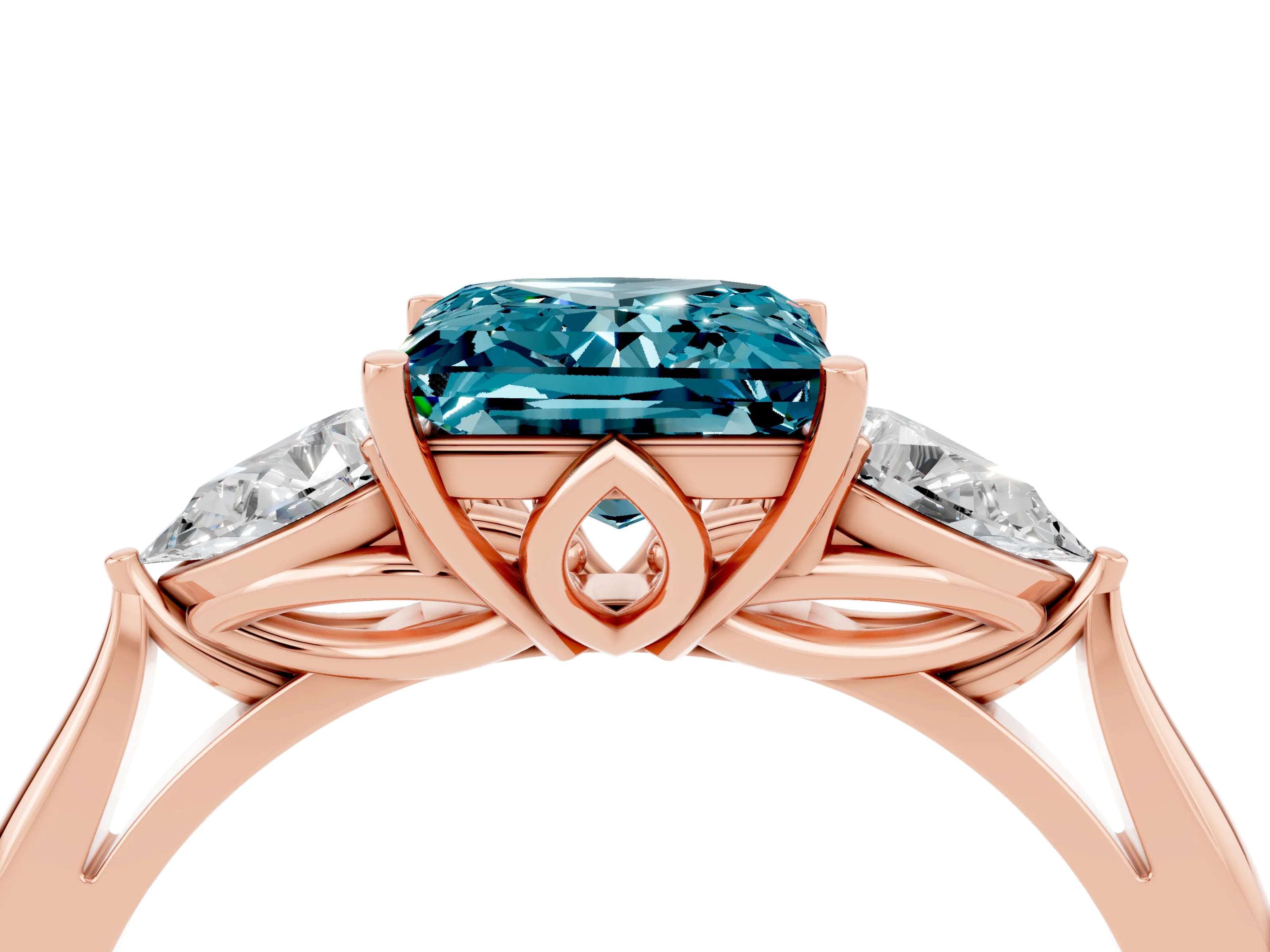 Rose gold Princess Cut Blue Topaz Three-Stone Ring with Pear Side Stones and Four-Prong Setting_16