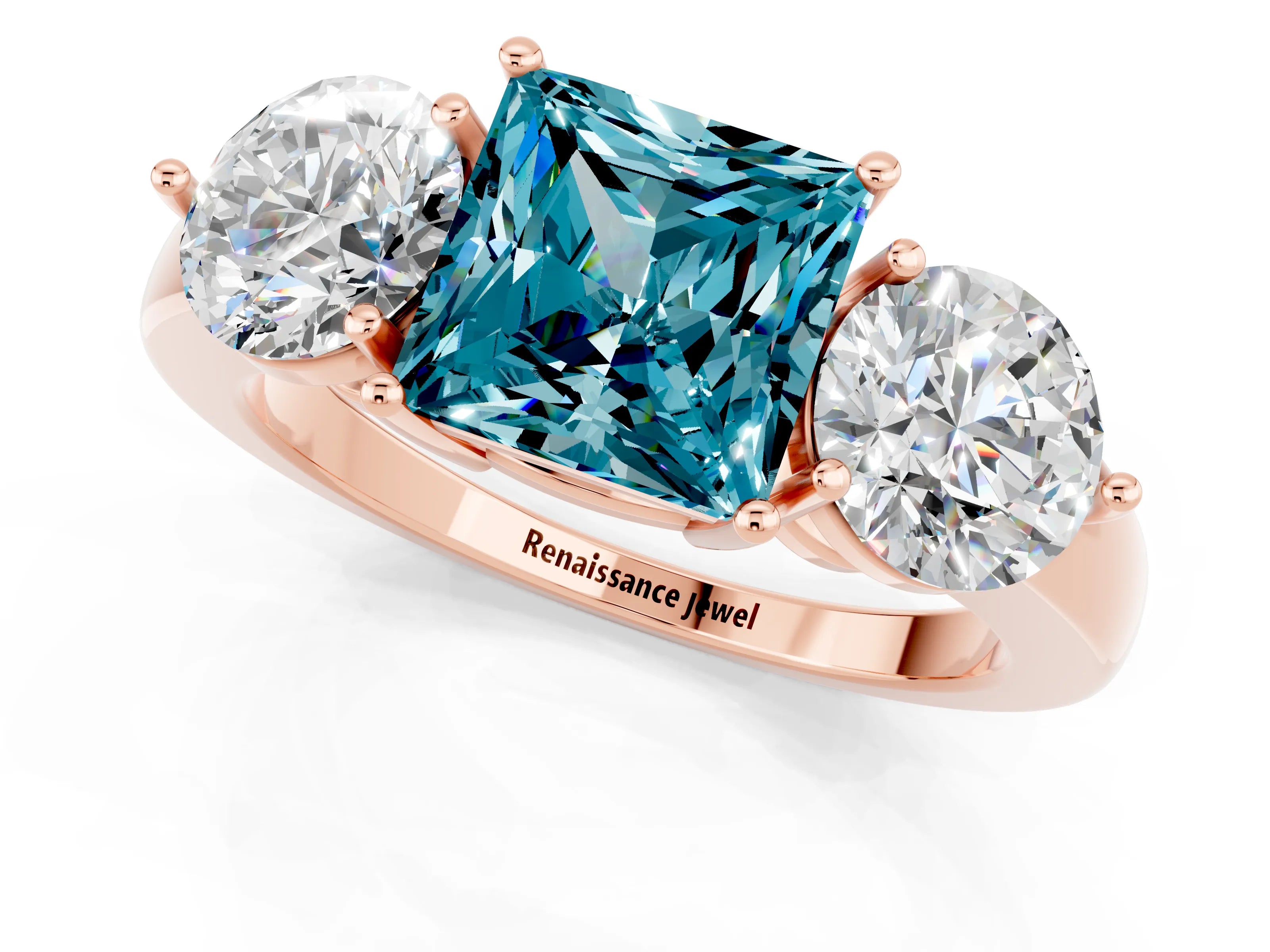 Rose gold Princess Cut Blue Topaz Three-Stone Ring with Prong Setting and Classic Band_1