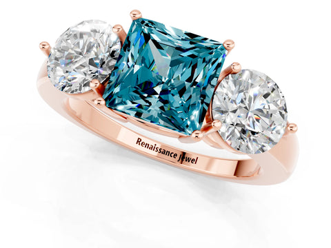 Rose gold Princess Cut Blue Topaz Three-Stone Ring with Prong Setting and Classic Band_1