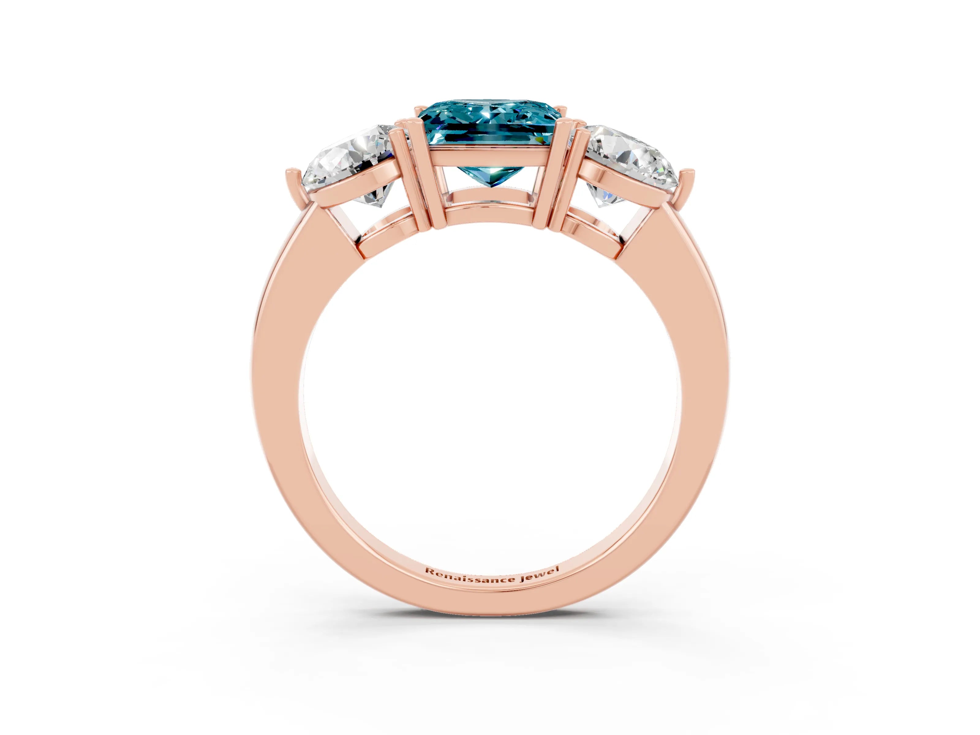 Rose gold Princess Cut Blue Topaz Three-Stone Ring with Prong Setting and Classic Band_3