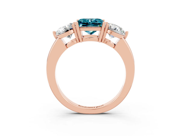 Rose gold Princess Cut Blue Topaz Three-Stone Ring with Prong Setting and Classic Band