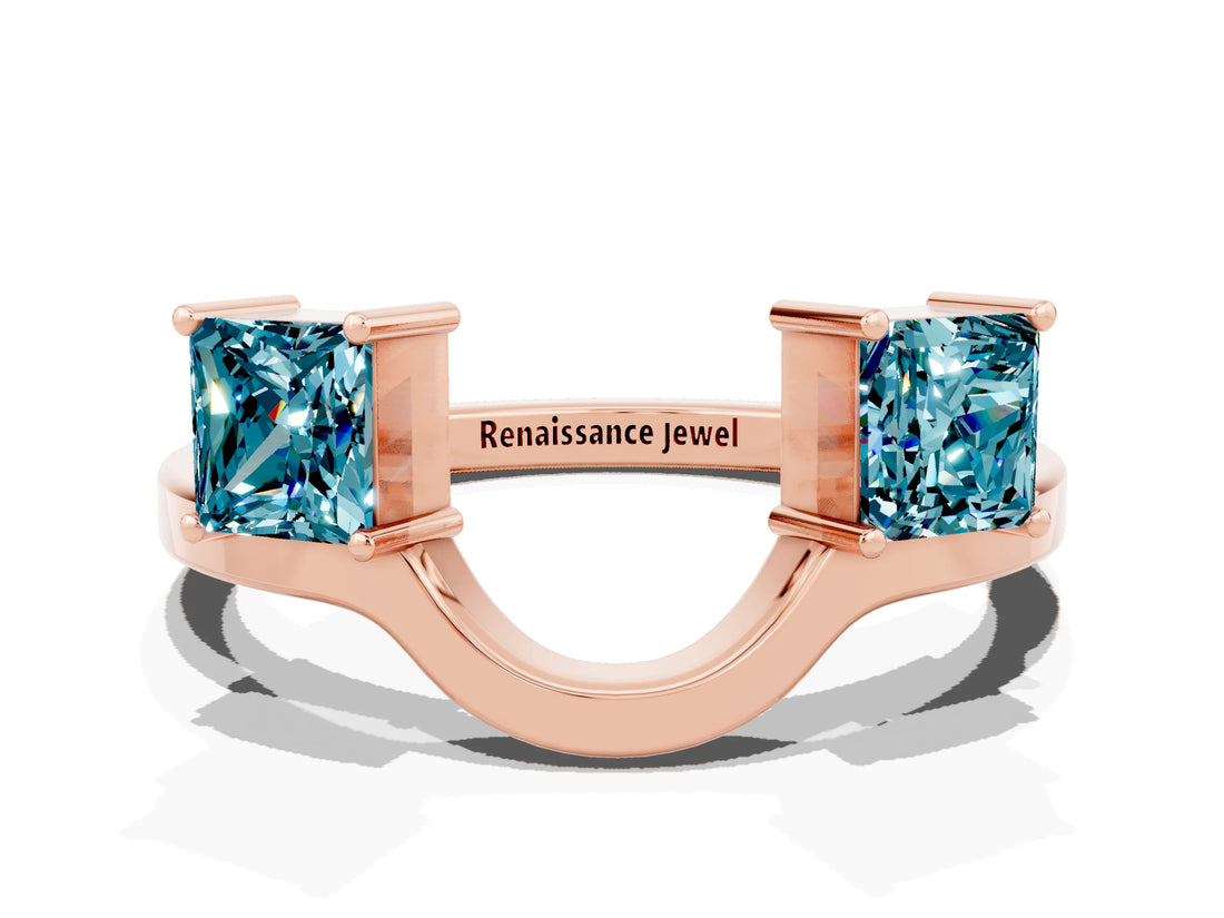 Rose gold Princess Cut Blue Topaz Two-Stone Open Band Ring with Four-Prong Setting_6