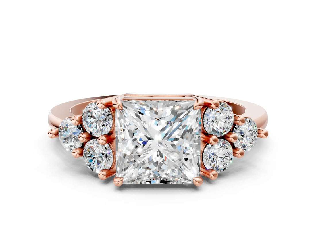 Rose gold Princess Cut Brilliant Diamond Cluster Accent Solitaire Ring with Prong Setting_3