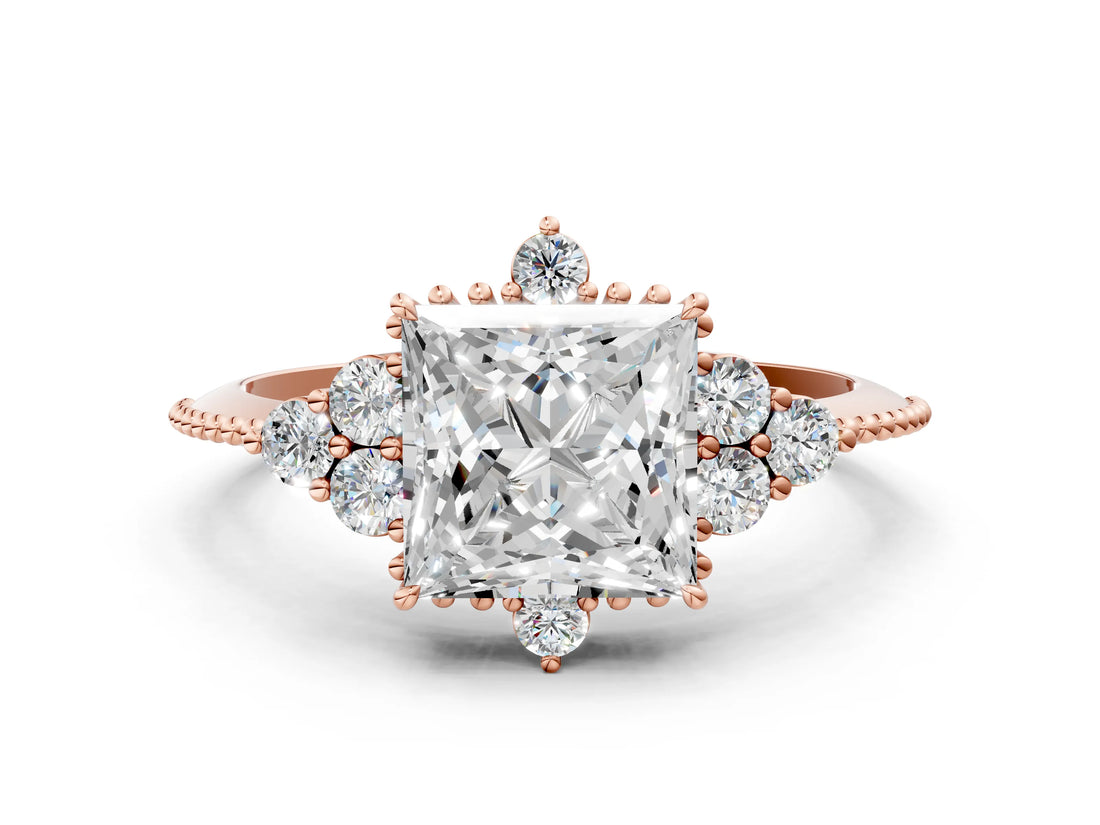 Rose gold Princess Cut Brilliant Diamond with Cluster Setting on a Beaded Band and Four-Prong Setting_27