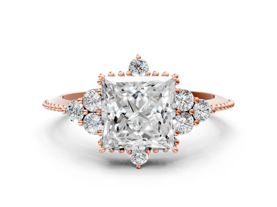 Rose gold Princess Cut Brilliant Diamond with Cluster Setting on a Beaded Band and Four-Prong Setting
