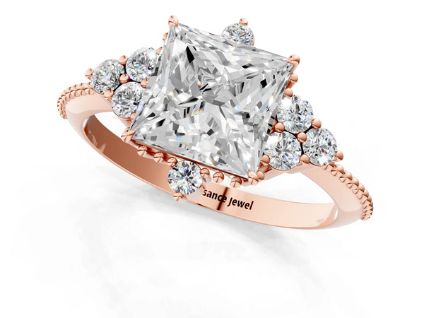 Rose gold Princess Cut Brilliant Diamond with Cluster Setting on a Beaded Band and Four-Prong Setting