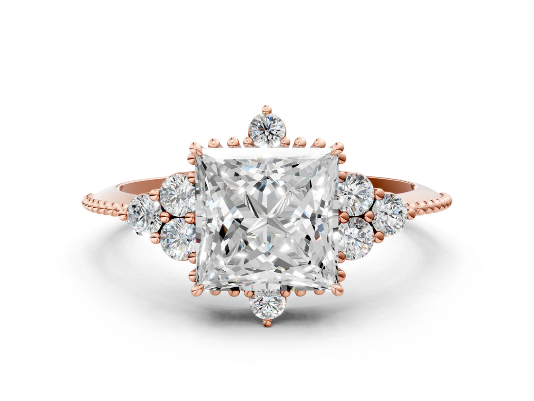 Rose gold Princess Cut Brilliant Diamond with Cluster Setting on a Beaded Band and Four-Prong Setting_3