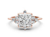 Rose gold Princess Cut Brilliant Diamond with Cluster Setting on a Beaded Band and Four-Prong Setting_3