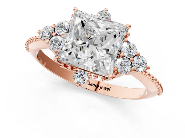 Rose gold Princess Cut Brilliant Diamond with Cluster Setting on a Beaded Band and Four-Prong Setting