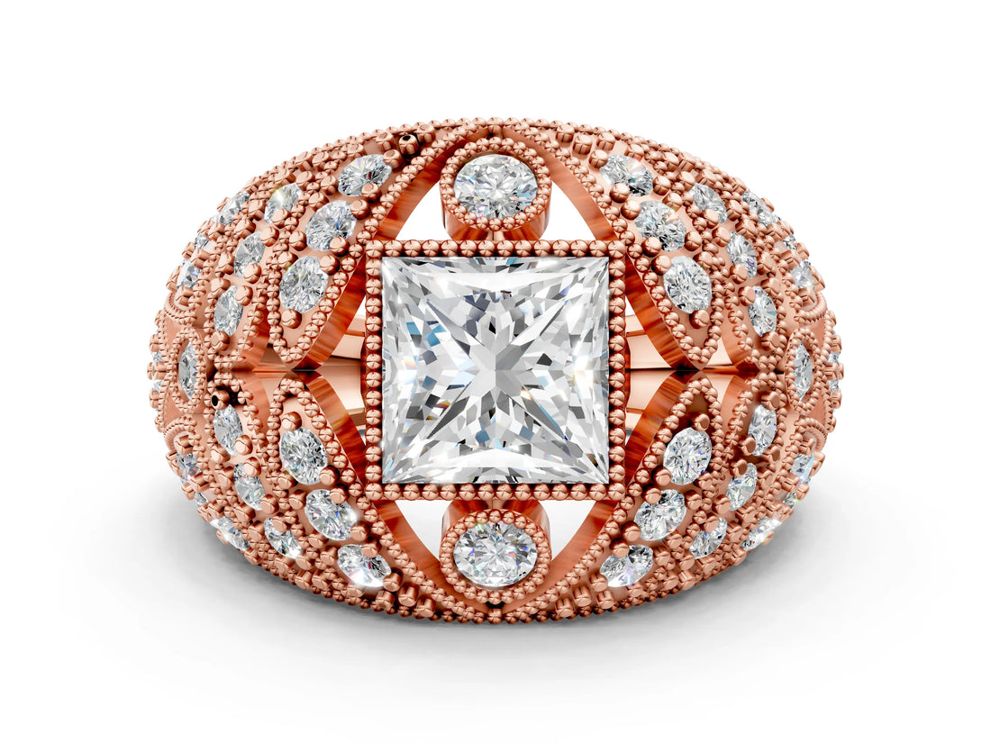 Rose gold Princess Cut Brilliant Halo Pave Diamond Milgrain Ring_9