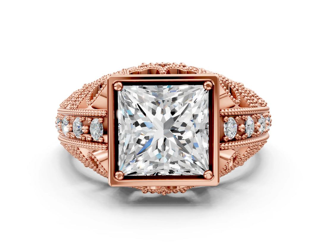 Rose gold Princess Cut Brilliant Milgrain Filigree Diamond Ring with Square Prong Setting_13